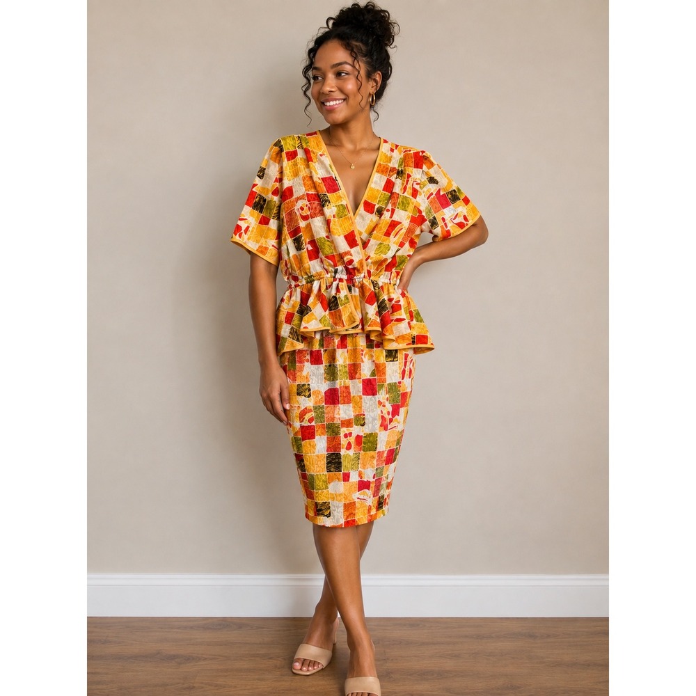 M 159 Handmade Abstract Print Peplum Dress Fitted Pencil Skirt Retro Mod Artsy